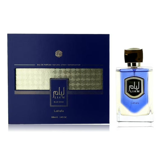 Lattafa Liam Blue Shine 100 ml Eau de Parfum – bergamot rosemary pepper sea-notes amber musk unisex fragrance bottle on white background