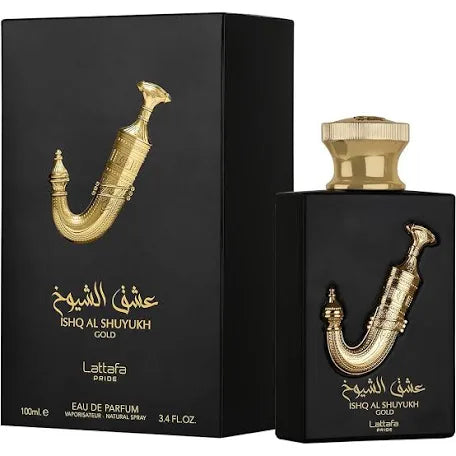 Lattafa Pride Ishq Al Shuyukh Gold Eau de Parfum 3.4 oz (Unisex) — caramel, saffron, suede, leather, vanilla, amber