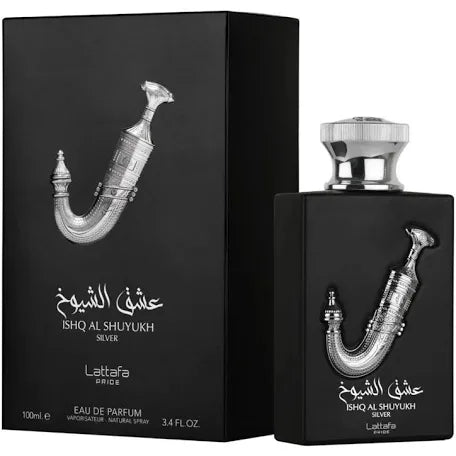 Lattafa Pride Ishq Al Shuyukh Silver Eau de Parfum 3.4 oz (Unisex) — lemon, bergamot, pineapple, vanilla, amberwood