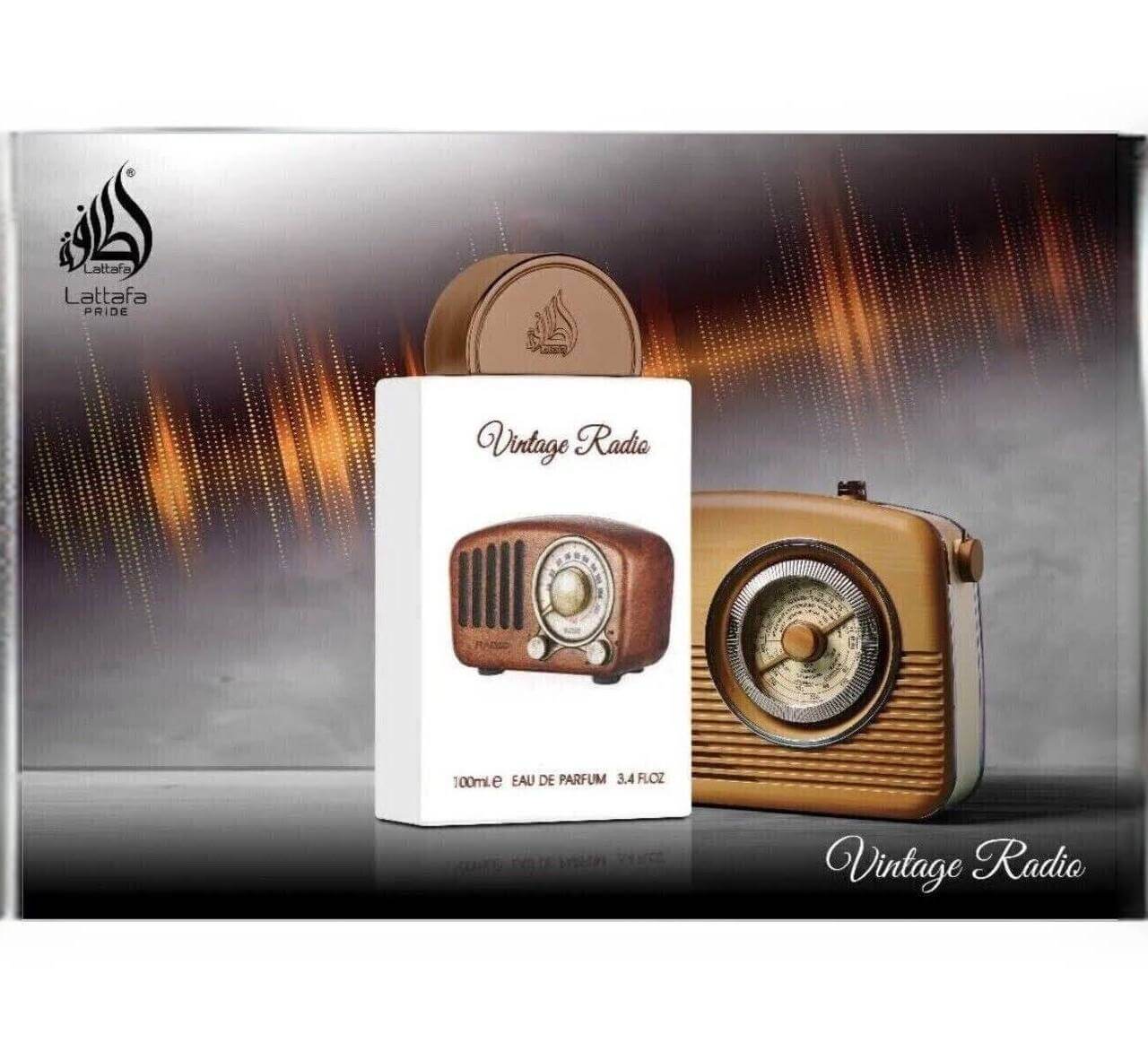 Vintage radio-themed perfume packaging with a white box and brown radio design on a gradient background.