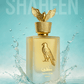 Perfume bottle with gold eagle design on a light blue background, featuring the brand 'Shaheen'.