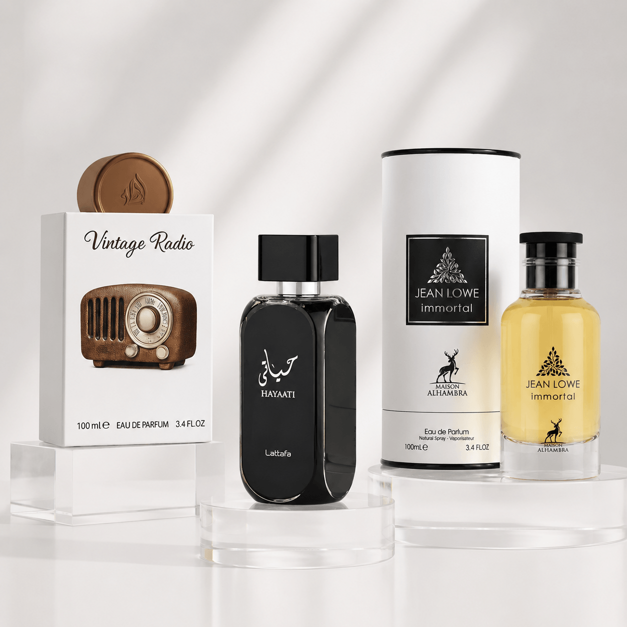 Lattafa Vintage Radio, Hayaati and Maison Alhambra Jean Lowe Immortal three-piece Eau de Parfum bundle
