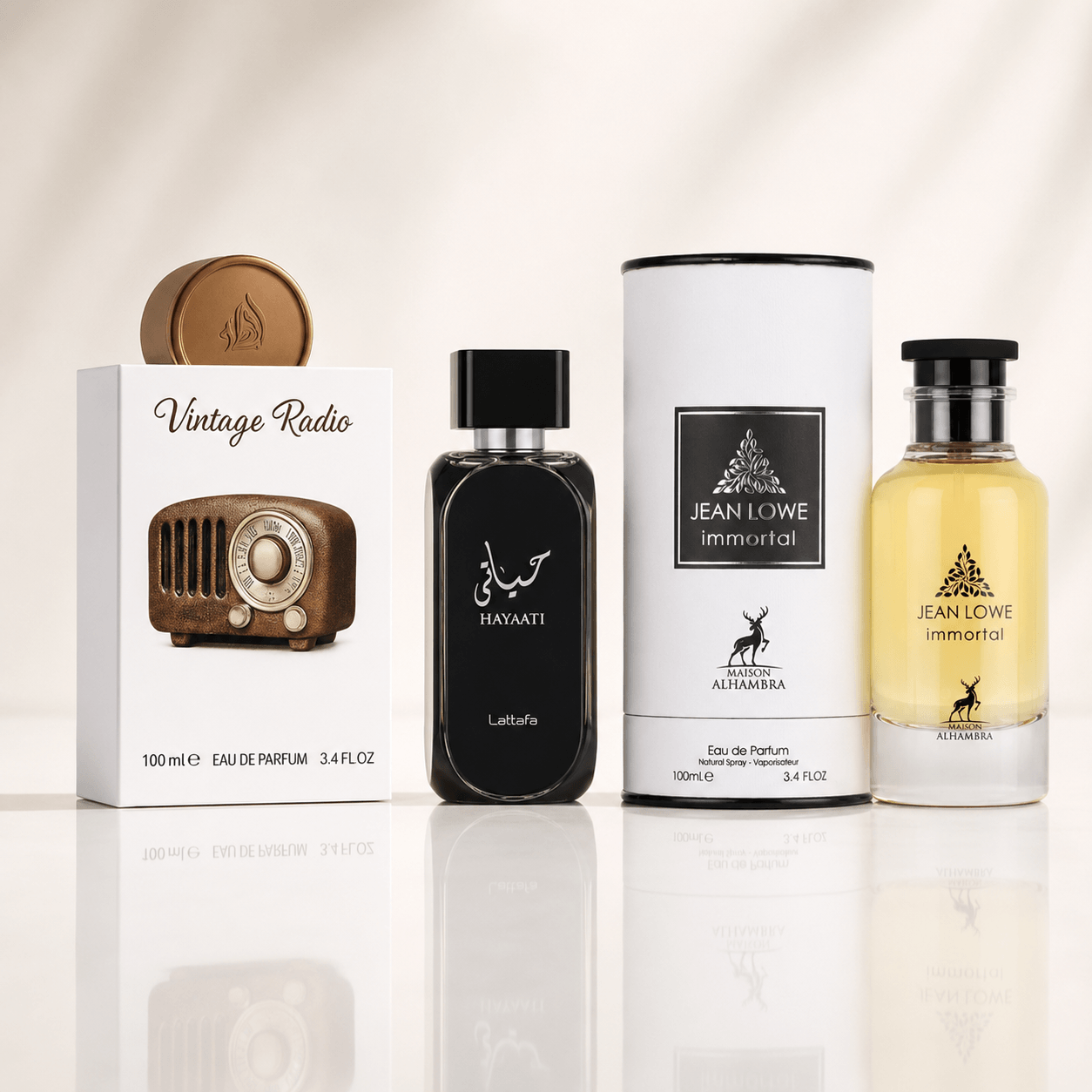Lattafa Vintage Radio, Hayaati and Maison Alhambra Jean Lowe Immortal three-piece Eau de Parfum bundle