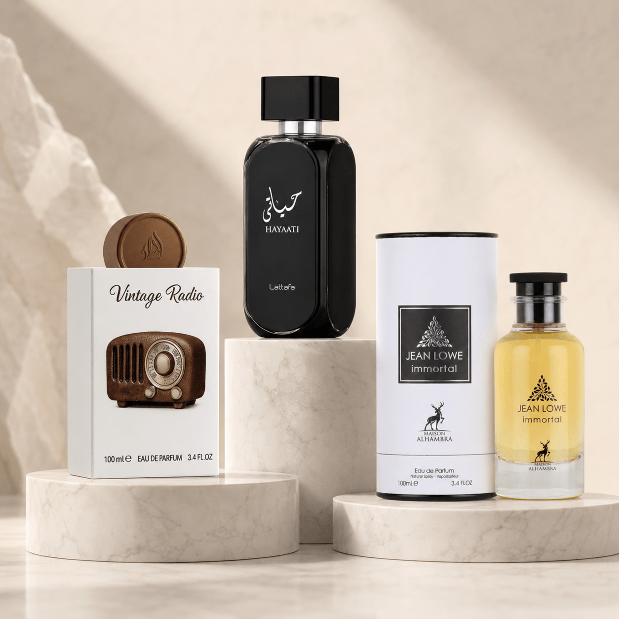 Lattafa Vintage Radio, Hayaati and Maison Alhambra Jean Lowe Immortal three-piece Eau de Parfum bundle