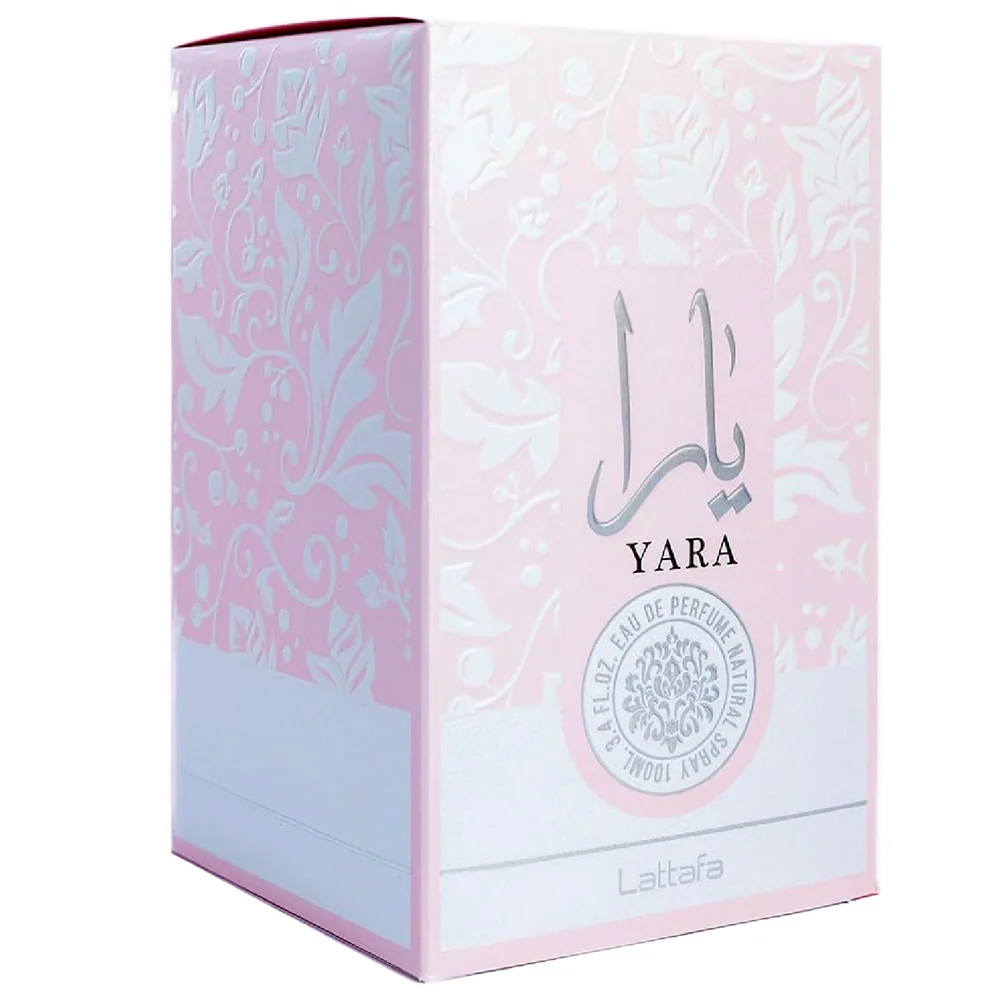 Lattafa Yara Eau de Parfum 3.4 oz (100ml) for women – bottle and box on white background.