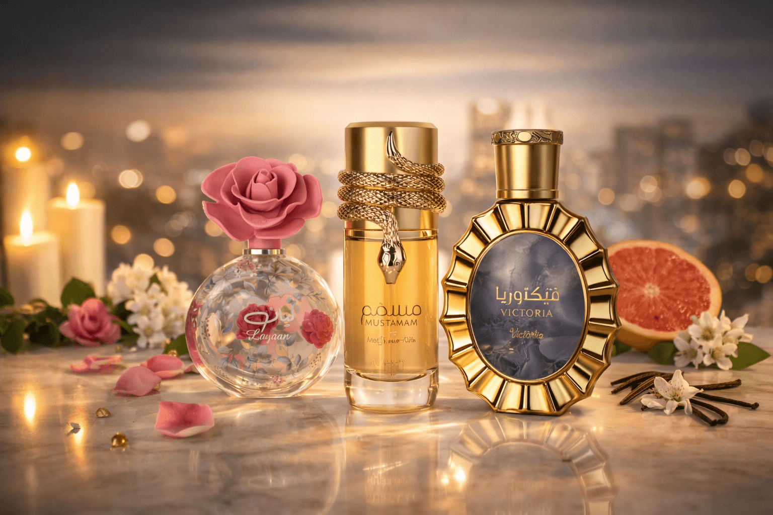 Lattafa fragrance bundle featuring Layaan, Victoria, and Musamam perfumes displayed on a clean white reflective surface