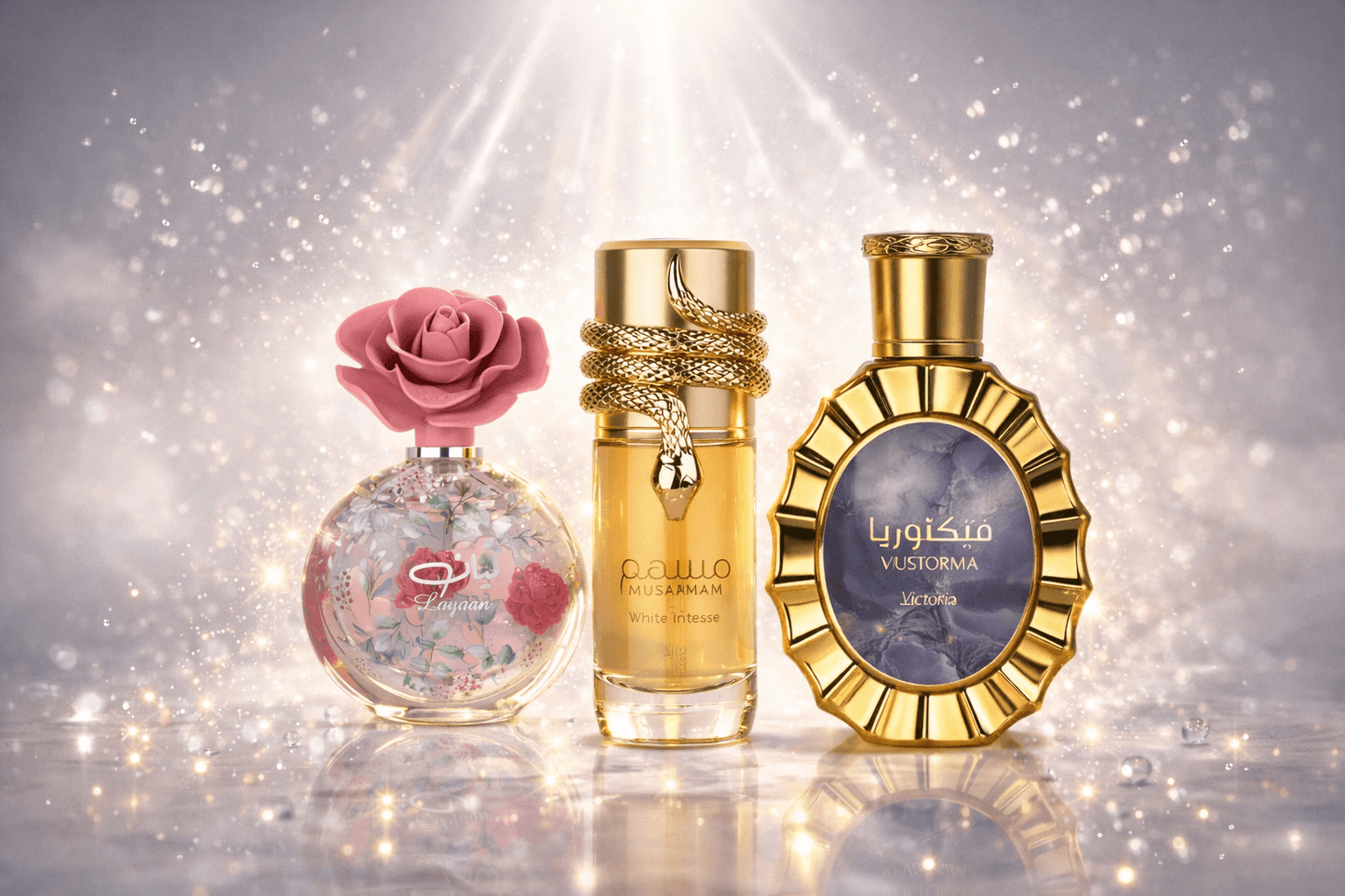 Lattafa fragrance bundle featuring Layaan, Victoria, and Musamam perfumes displayed on a clean white reflective surface