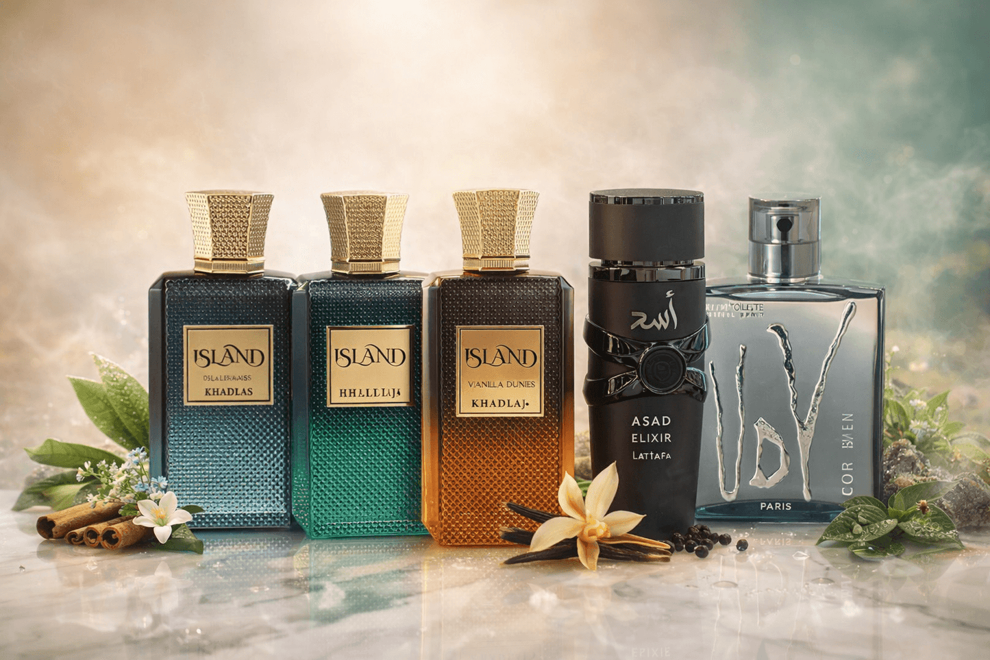 Premium men’s fragrance bundle featuring Khadlaj Island Dreams Extrait de Parfum, Khadlaj Island Extrait de Parfum, Khadlaj Island Vanilla Dunes Extrait de Parfum, Lattafa Asad Elixir Eau de Parfum, and Ulric de Varens UDV For Men Eau de Toilette displayed on a marble surface with warm luxury lighting and decorative elements.