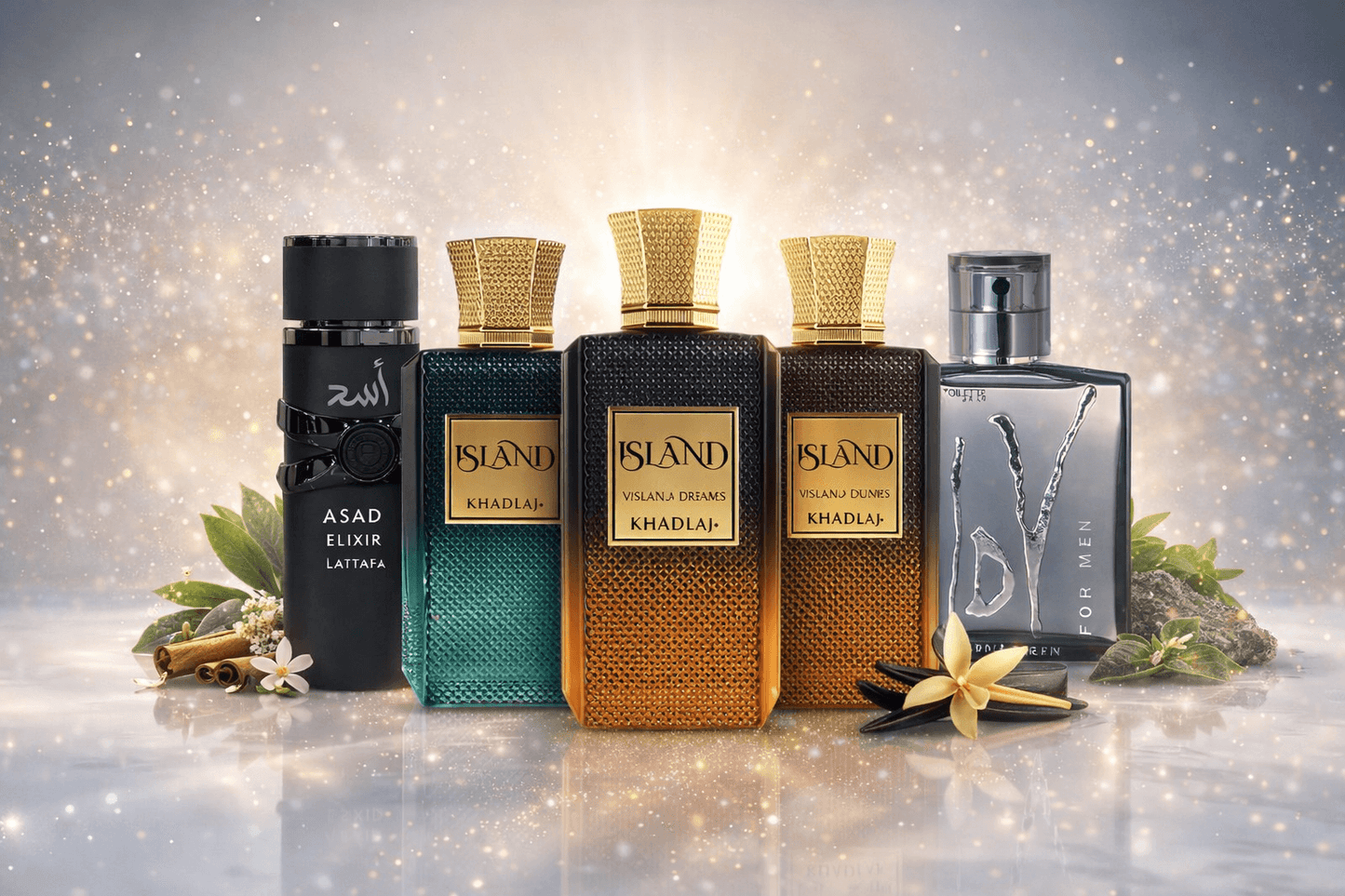 Premium men’s fragrance bundle featuring Khadlaj Island Dreams Extrait de Parfum, Khadlaj Island Extrait de Parfum, Khadlaj Island Vanilla Dunes Extrait de Parfum, Lattafa Asad Elixir Eau de Parfum, and Ulric de Varens UDV For Men Eau de Toilette displayed on a marble surface with warm luxury lighting and decorative elements.