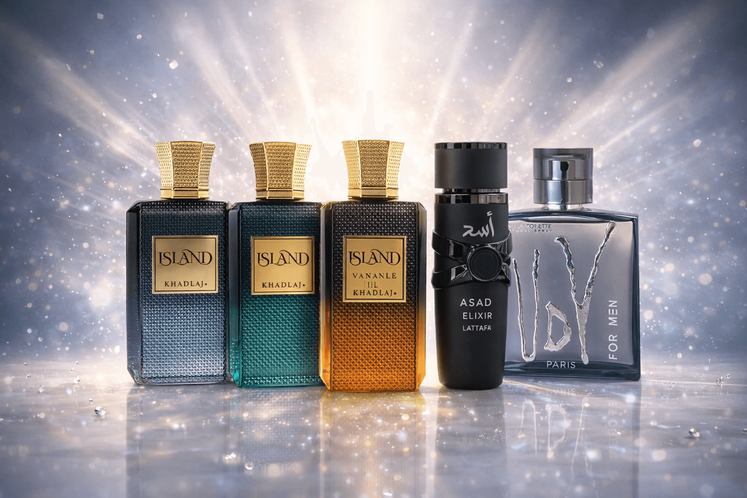 Premium men’s fragrance bundle featuring Khadlaj Island Dreams Extrait de Parfum, Khadlaj Island Extrait de Parfum, Khadlaj Island Vanilla Dunes Extrait de Parfum, Lattafa Asad Elixir Eau de Parfum, and Ulric de Varens UDV For Men Eau de Toilette displayed on a marble surface with warm luxury lighting and decorative elements.
