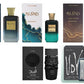 Premium men’s fragrance bundle featuring Khadlaj Island Dreams Extrait de Parfum, Khadlaj Island Extrait de Parfum, Khadlaj Island Vanilla Dunes Extrait de Parfum, Lattafa Asad Elixir Eau de Parfum, and Ulric de Varens UDV For Men Eau de Toilette displayed on a marble surface with warm luxury lighting and decorative elements.