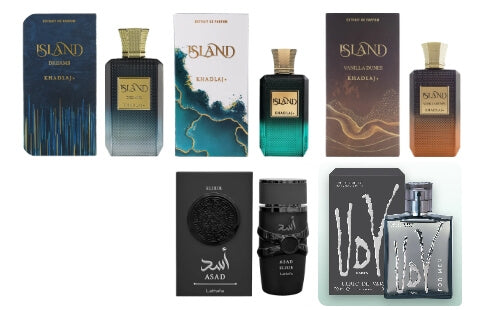 Premium men’s fragrance bundle featuring Khadlaj Island Dreams Extrait de Parfum, Khadlaj Island Extrait de Parfum, Khadlaj Island Vanilla Dunes Extrait de Parfum, Lattafa Asad Elixir Eau de Parfum, and Ulric de Varens UDV For Men Eau de Toilette displayed on a marble surface with warm luxury lighting and decorative elements.