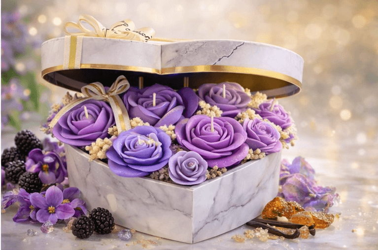Luxury heart marble candle box with blue rose scented candles, handmade romantic gift candle set