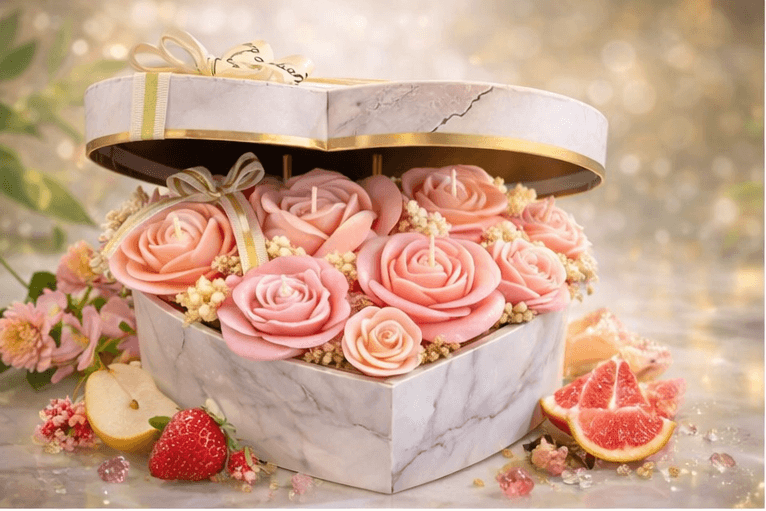 Luxury heart marble candle box with blue rose scented candles, handmade romantic gift candle set