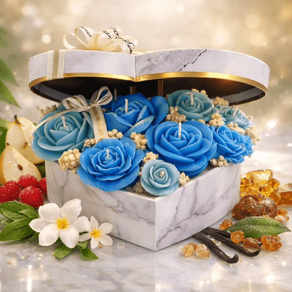 Luxury heart marble candle box with blue rose scented candles, handmade romantic gift candle set