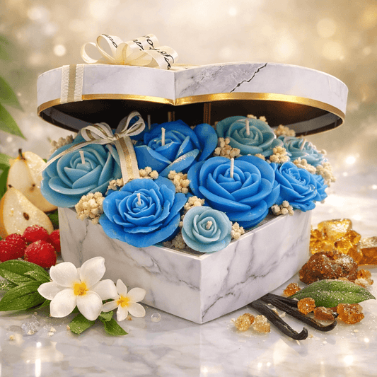 Luxury heart marble candle box with blue rose scented candles, handmade romantic gift candle set