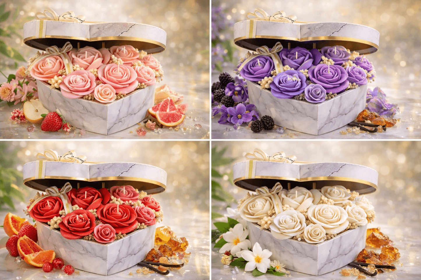 Luxury heart marble candle box with blue rose scented candles, handmade romantic gift candle set