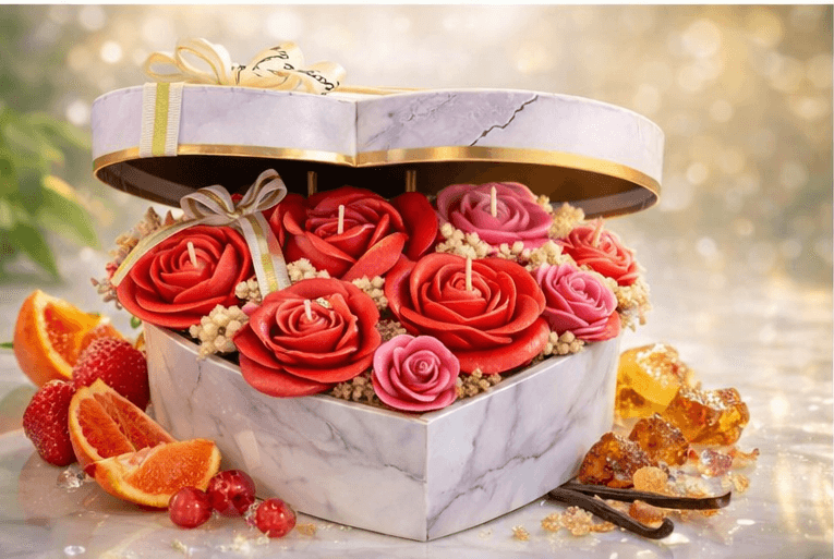Luxury heart marble candle box with blue rose scented candles, handmade romantic gift candle set