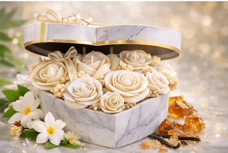 Luxury heart marble candle box with blue rose scented candles, handmade romantic gift candle set