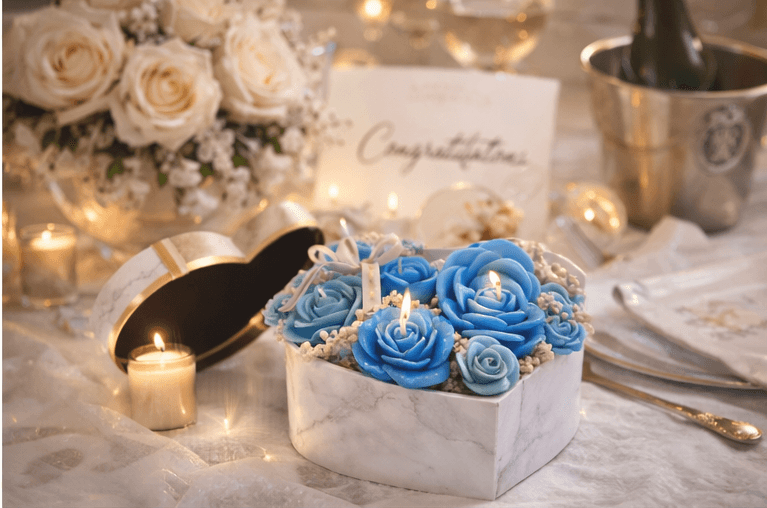 Luxury heart marble candle box with blue rose scented candles, handmade romantic gift candle set