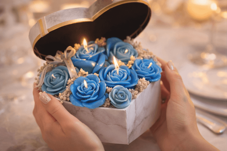 Luxury heart marble candle box with blue rose scented candles, handmade romantic gift candle set