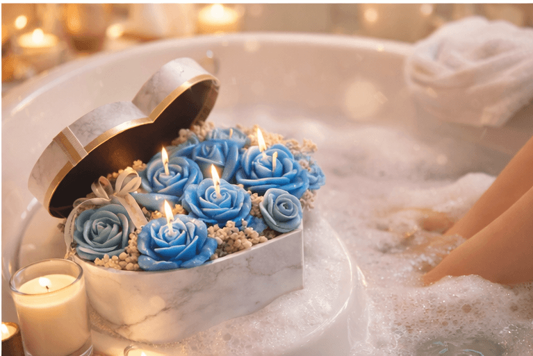Luxury heart marble candle box with blue rose scented candles, handmade romantic gift candle set