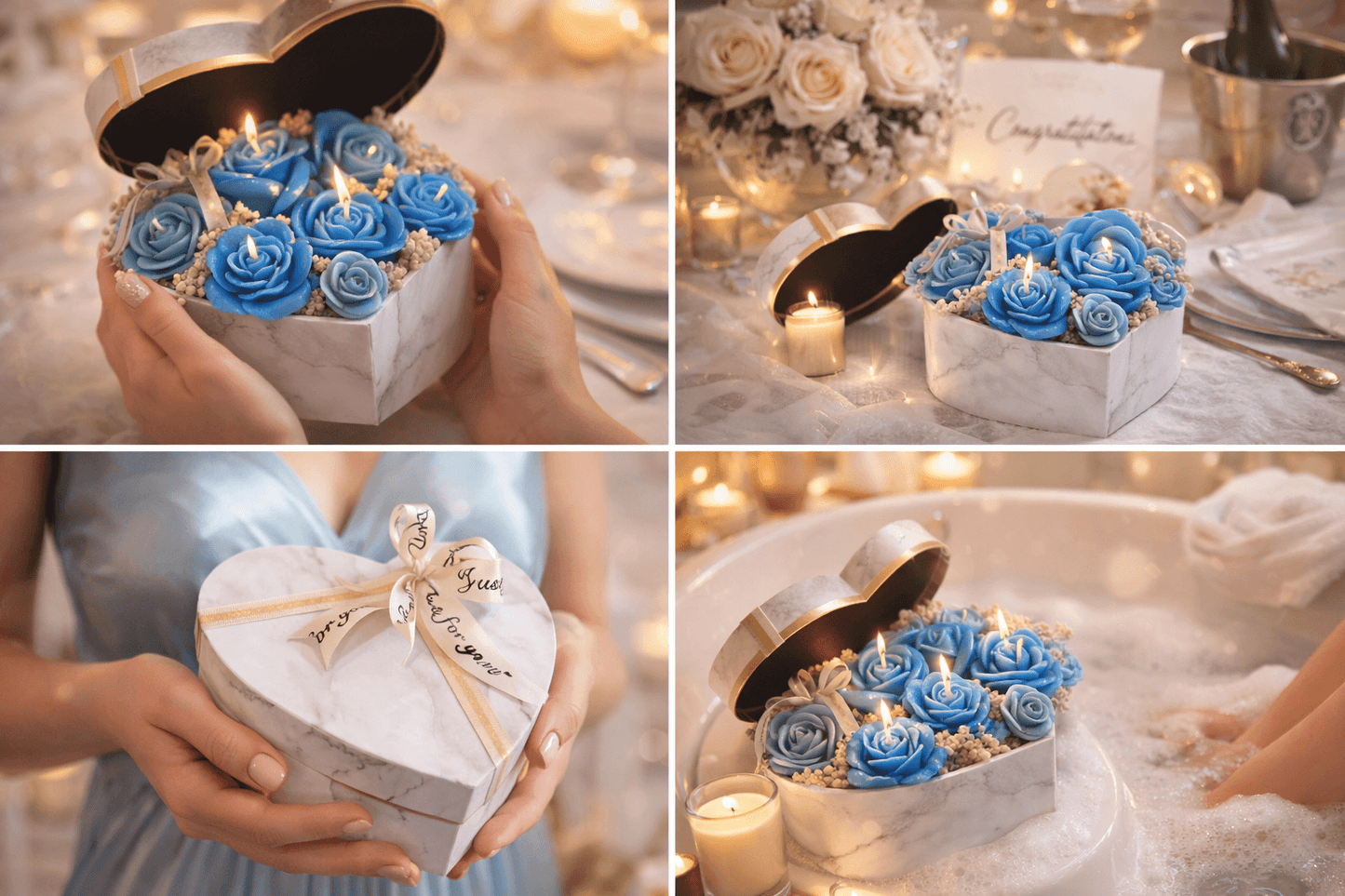Luxury heart marble candle box with blue rose scented candles, handmade romantic gift candle set