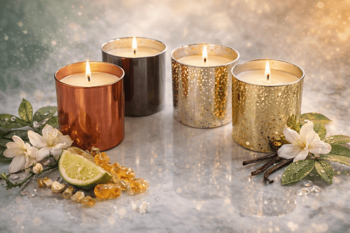 Luxury metallic glass candle handmade with premium soy wax in decorative glass jar
