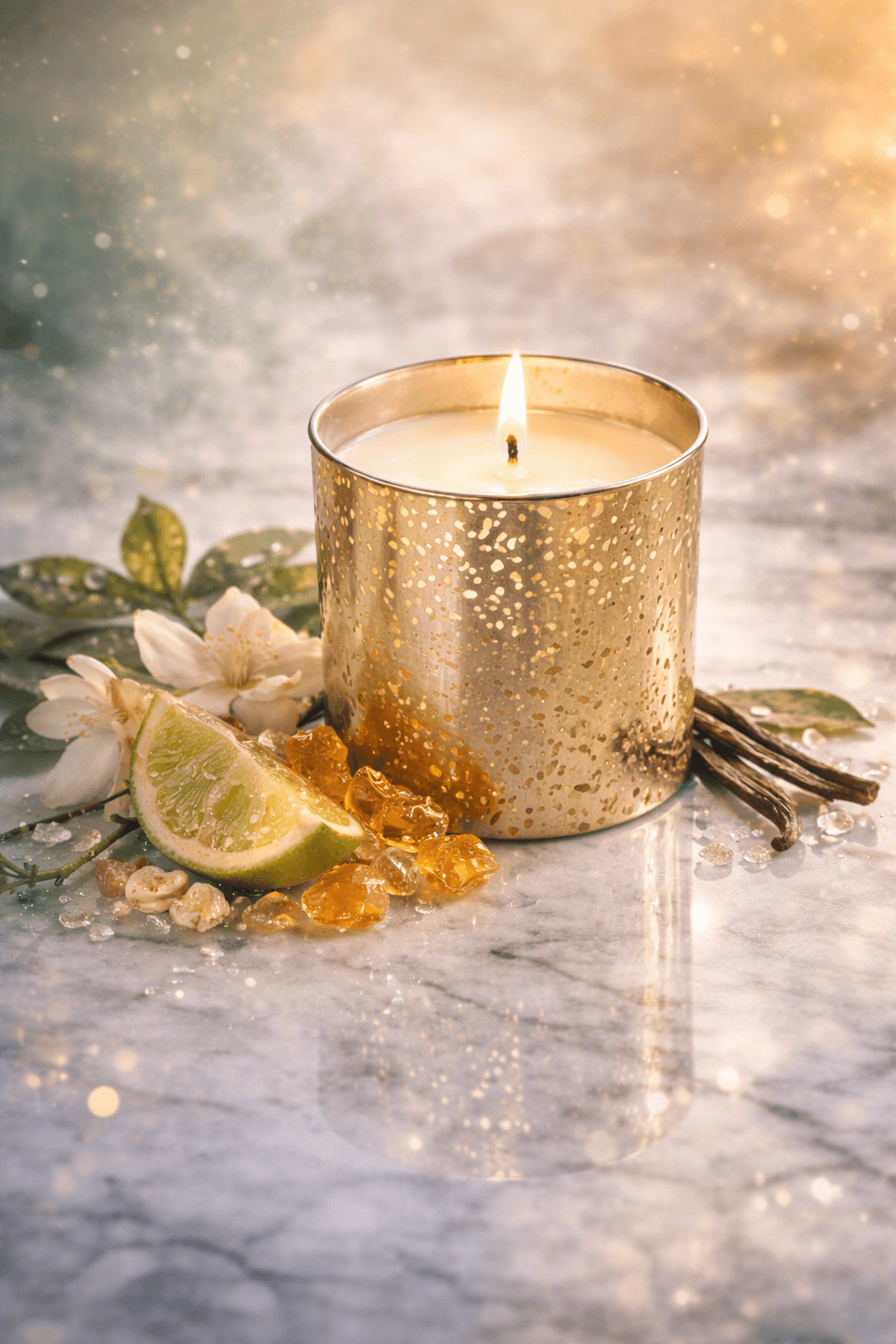 Luxury metallic glass candle handmade with premium soy wax in decorative glass jar