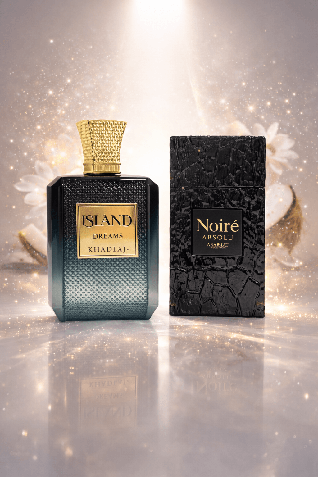 Luxury perfume bundle Island Dreams Khadlaj and Noire Absolu Arabiyat displayed on clean background