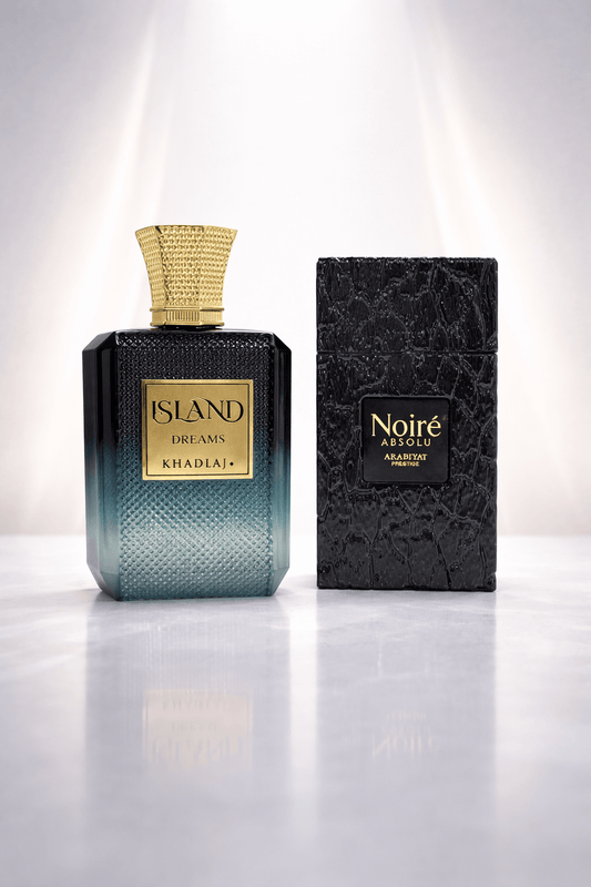 Luxury perfume bundle Island Dreams Khadlaj and Noire Absolu Arabiyat displayed on clean background