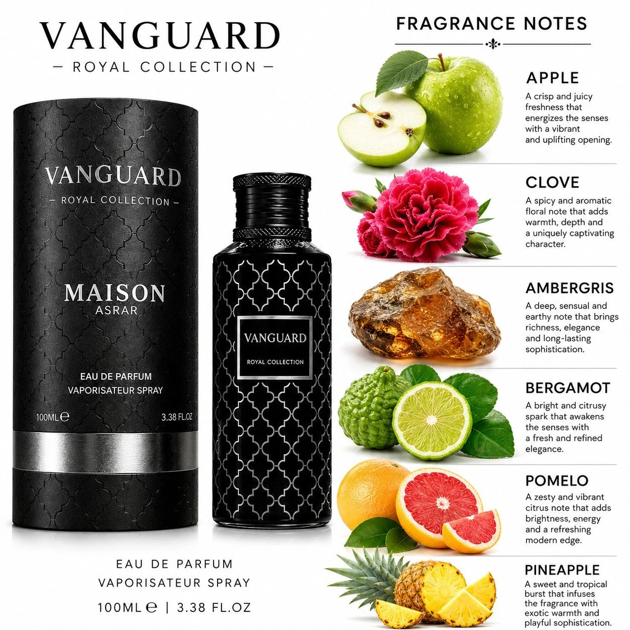 Maison Asrar Vanguard Royal Collection Eau de Parfum 100 ml unisex fragrance bottle and box