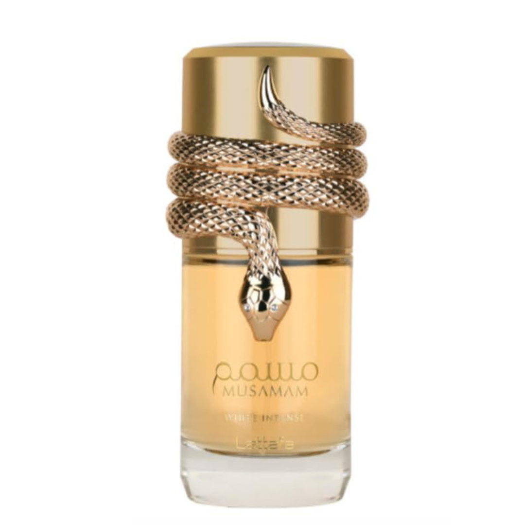 Discover Musamam White Intense Lattafa 100ml – a tropical-spicy-woody unisex perfume with coconut, bergamot, and sandalwood. Long-lasting elegance.