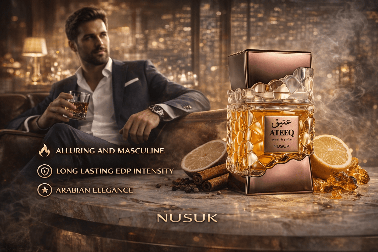 Nusuk Ateeq M Extrait de Parfum 100ml men’s luxury oriental amber woody fragrance bottle