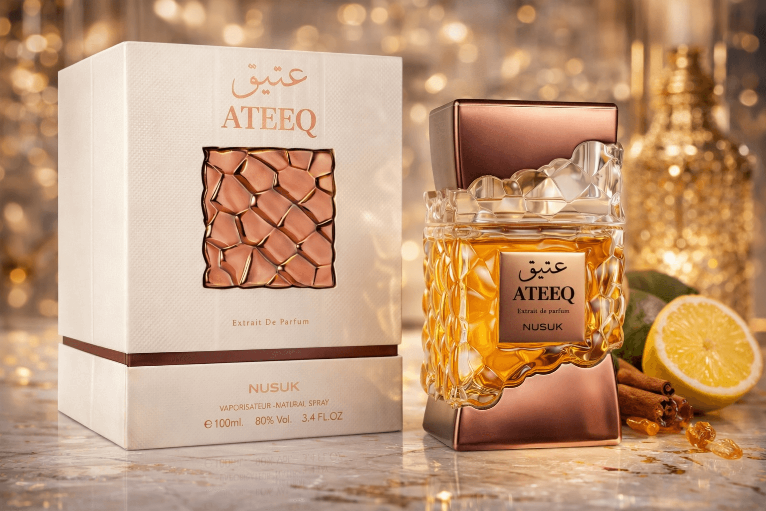 Nusuk Ateeq M Extrait de Parfum 100ml men’s luxury oriental amber woody fragrance bottle