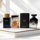 Luxury oud fragrance bundle with Shaghaf Oud Azraq, Ateeq, Shiyaaka Shadow and Absolute Noir perfumes on white background