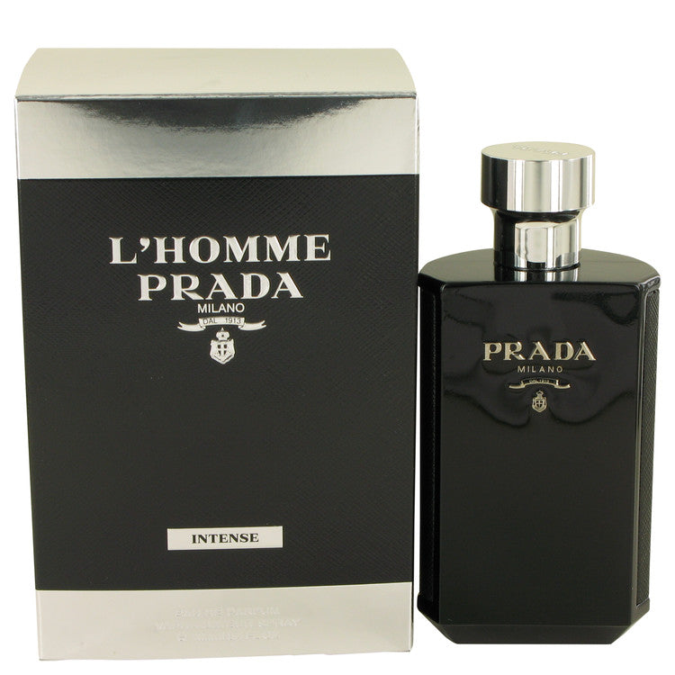 Prada L’Homme Intense 100 ml Eau de Parfum for men – iris amber leather fragrance bottle on white background
