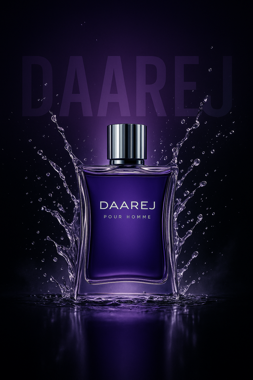 DAAREJ Pour Homme perfume bottle with water splashes on a dark background