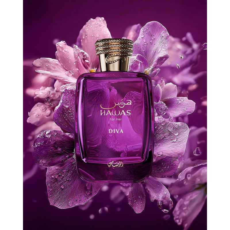 Rasasi Hawas Diva 100 ml Eau de Parfum – red fruits lychee rhubarb rose frankincense vanilla musk fragrance bottle on white background