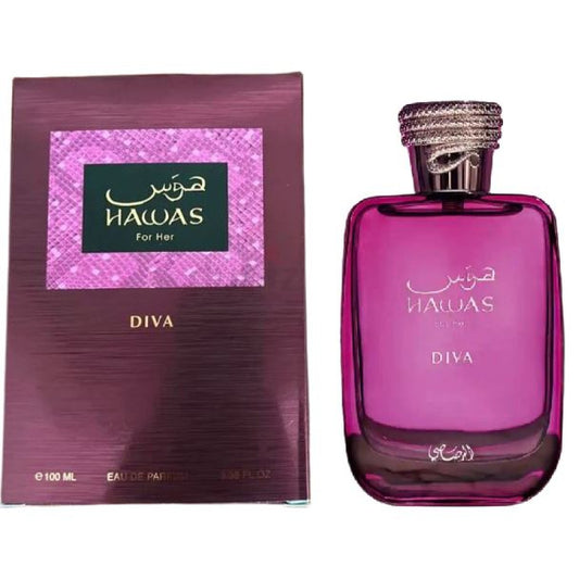 Rasasi Hawas Diva 100 ml Eau de Parfum – red fruits lychee rhubarb rose frankincense vanilla musk fragrance bottle on white background