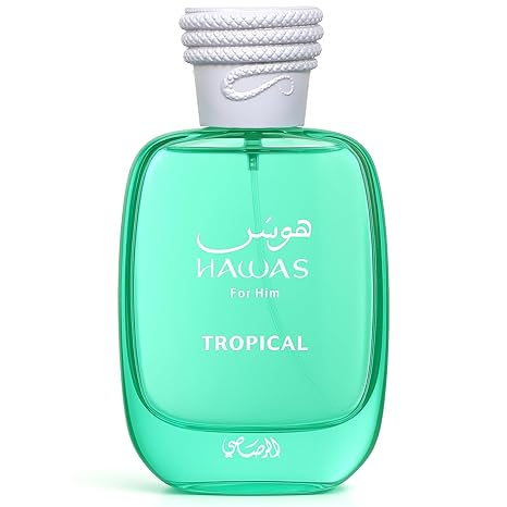 Rasasi Hawas Tropical 100 ml Eau de Parfum for Men – fig leaf coconut water ginger mint tonka bean sandalwood fragrance bottle on white background