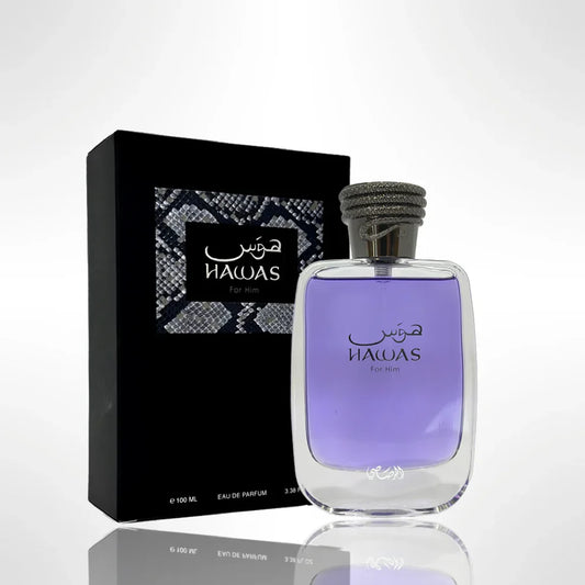 Shop Rasasi Hawas for Him Eau de Parfum 100ml – a fresh and masculine fragrance with bergamot, cinnamon, ambergris, and musk. Long-lasting aquatic-oriental scent.