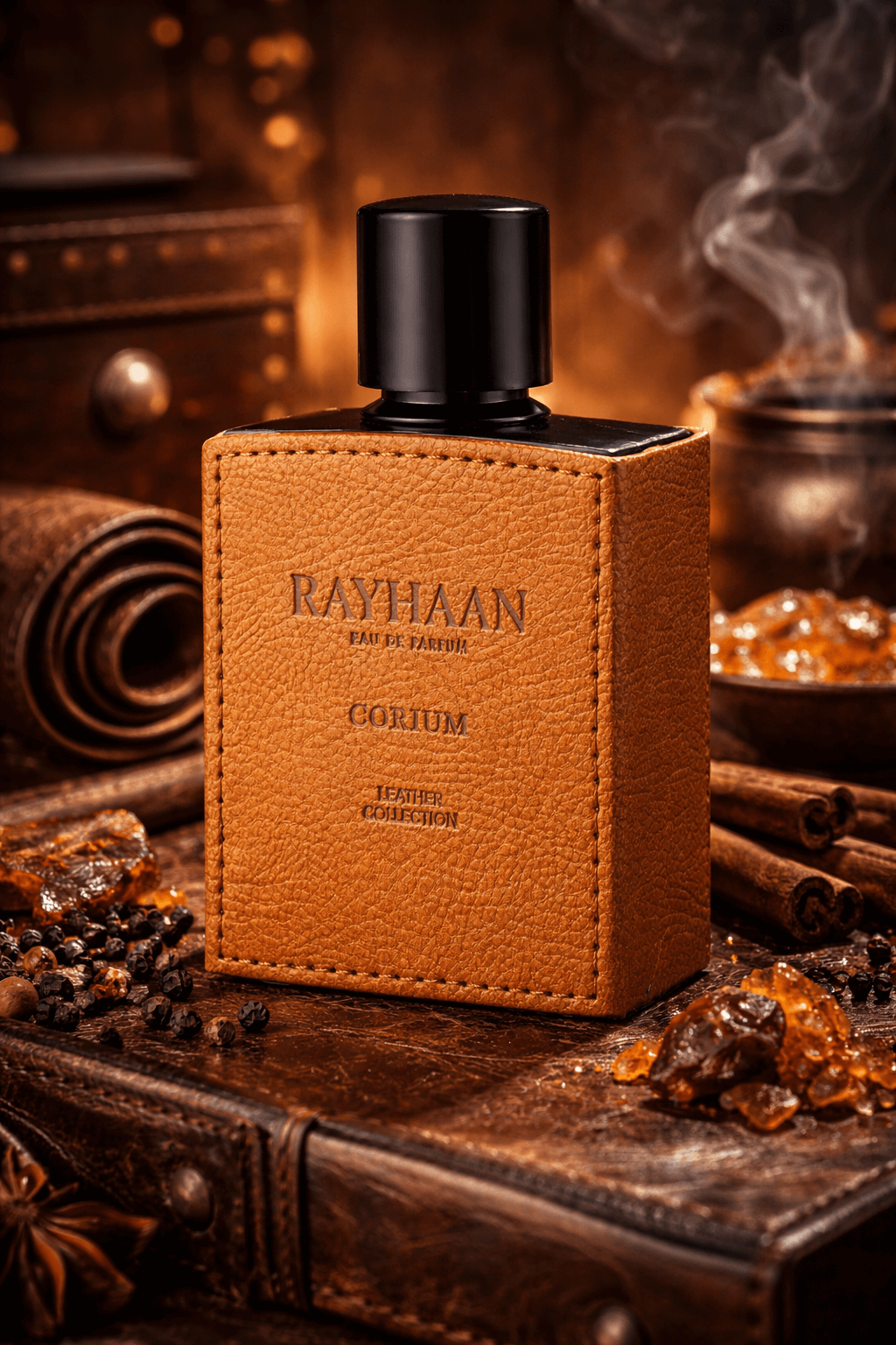 Rayhaan Corium Eau de Parfum 100ml unisex leather fragrance leather wrapped bottle