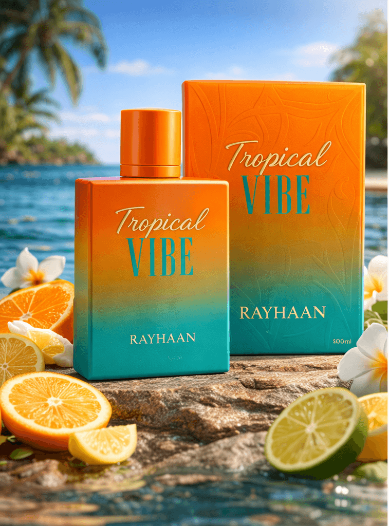 Rayhaan Tropical Vibe Eau de Parfum 100ml unisex fresh fruity aquatic perfume bottle and box
