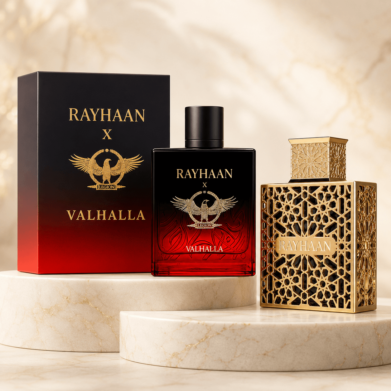 Rayhaan Valhalla and Elixir two-piece Eau de Parfum bundle with bottles and retail boxes