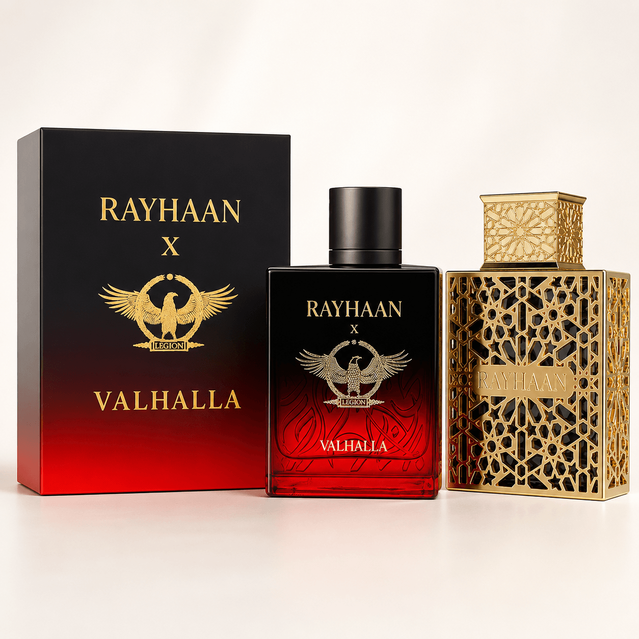 Rayhaan Valhalla and Elixir two-piece Eau de Parfum bundle with bottles and retail boxes