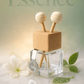 Refillable car vent diffuser — clear glass bottle with beech wood cap, rotating clip and wooden aroma sticks