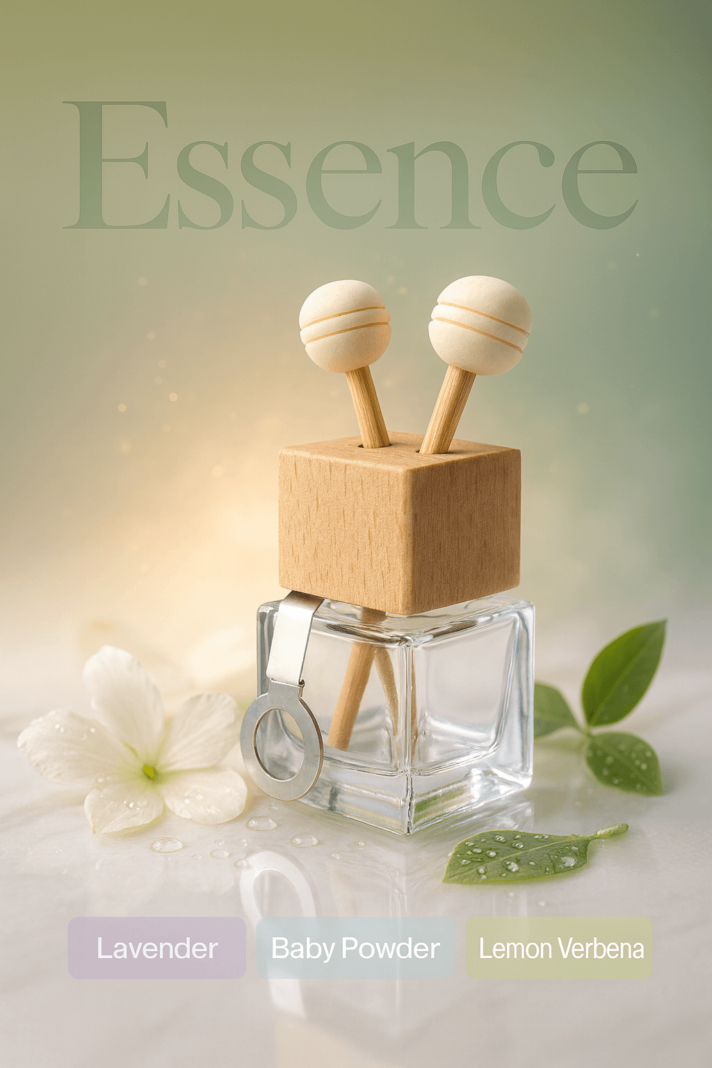 Refillable car vent diffuser — clear glass bottle with beech wood cap, rotating clip and wooden aroma sticks