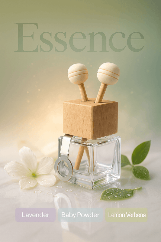 Refillable car vent diffuser — clear glass bottle with beech wood cap, rotating clip and wooden aroma sticks