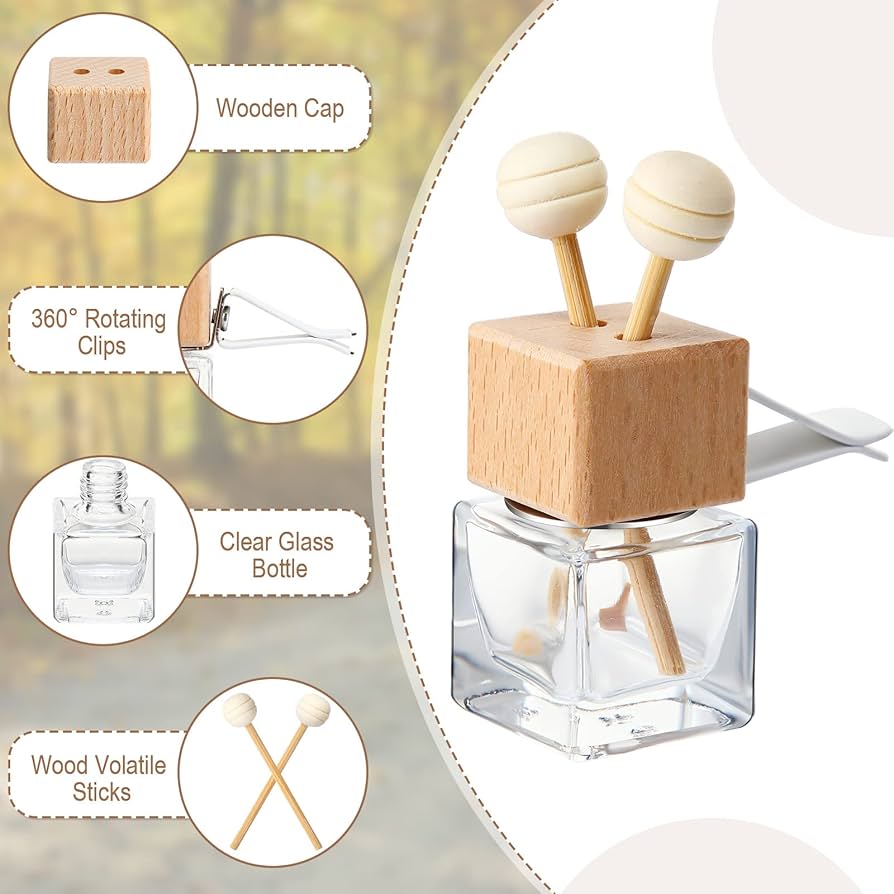 Refillable car vent diffuser — clear glass bottle with beech wood cap, rotating clip and wooden aroma sticks